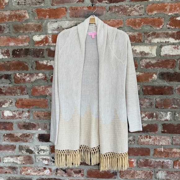 Lilly Pulitzer Tatum Metallic Fringe‎ Open Cardigan Ivory Gold XS - Picture 2 of 7